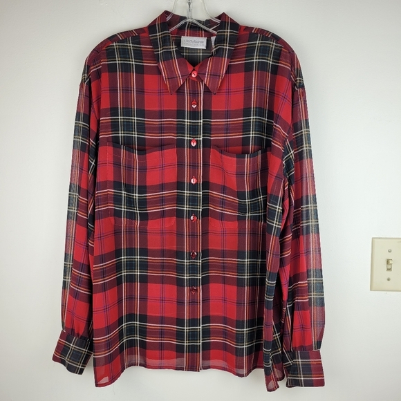 Liz Claiborne red black plaid sheer long sleeve button shirt preppy academia 14 - Picture 3 of 12
